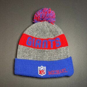 New Era NFL Football NY Giants 'Michael' Blue Red & Grey Lined Pom Beanie Hat